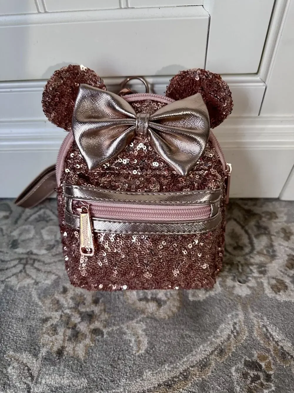 Loungefly Disney Parks Sequined Rose Gold Minnie Mouse Ears Backpack Wristlet
